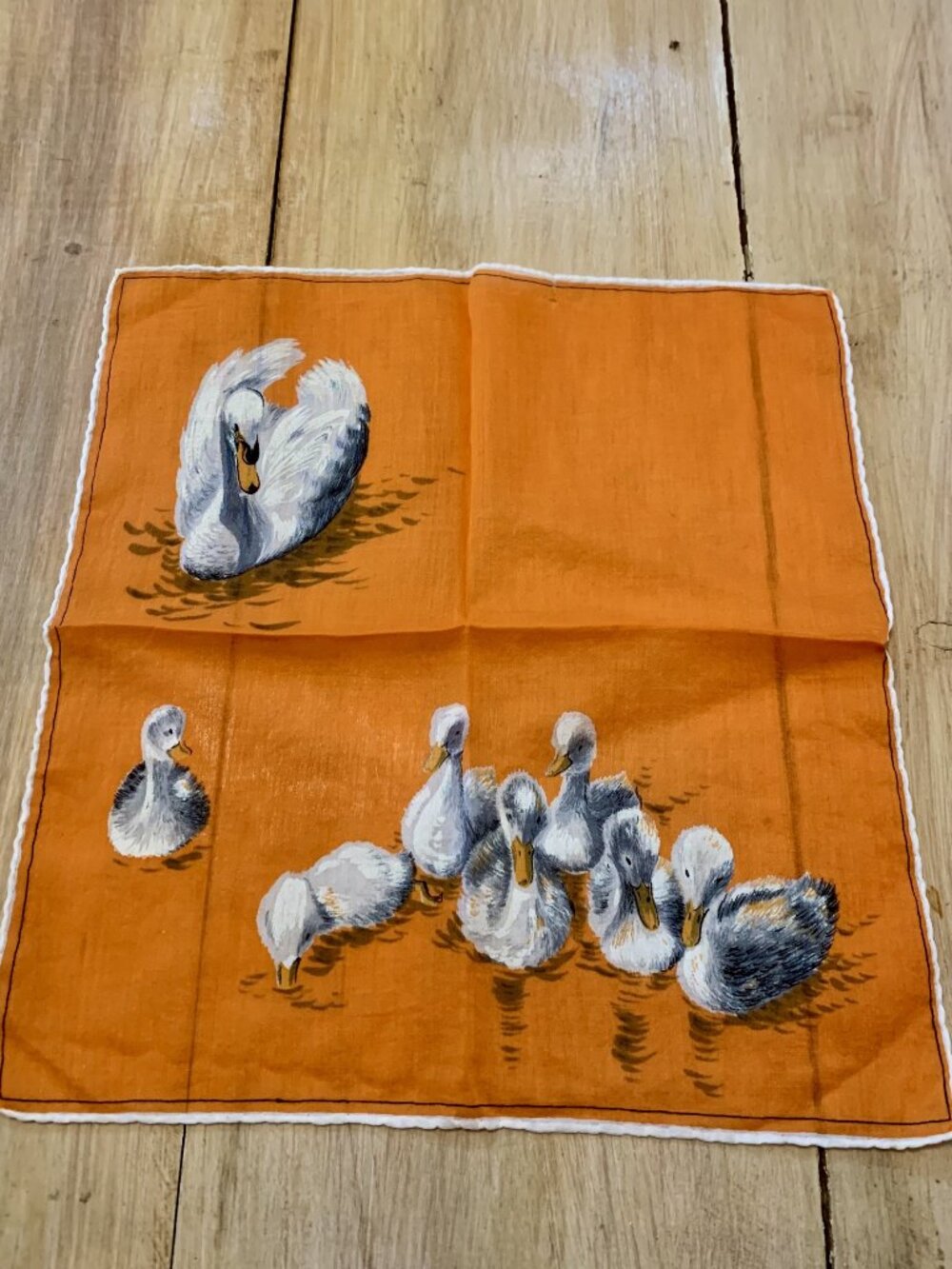 Vintage Orange & White Swan & Cygnets Handkerchief